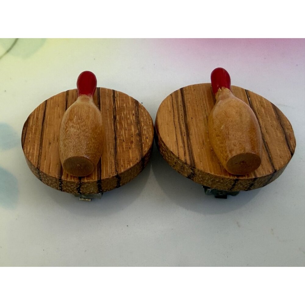 Vintage MCM Wood Wooden Earrings Bowling Pins Clip on - Picture 4 of 7